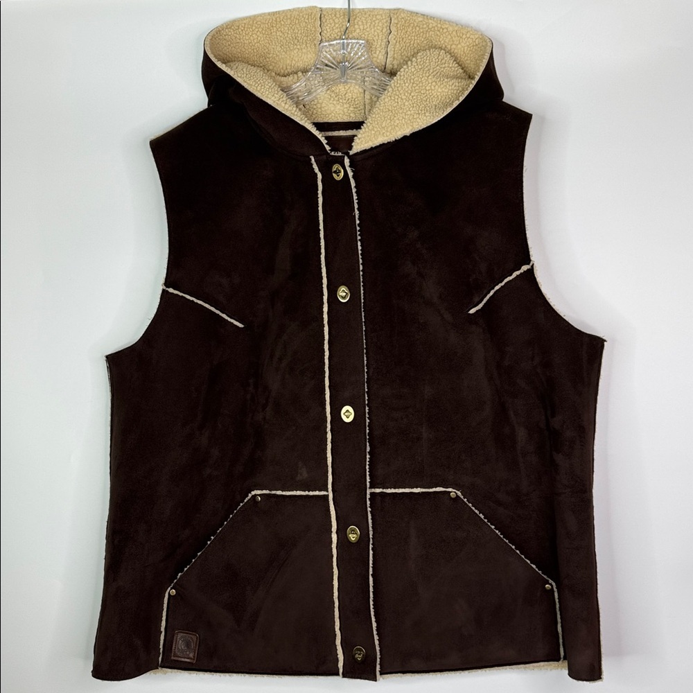 Vintage Lauren Ralph Lauren Brown Hooded Faux Suede Sherpa Lined Vest XXL